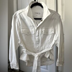 FRAME twisted white shirt jacket with belt. Size small.
